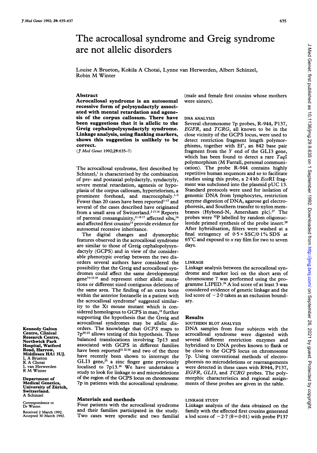 The Acrocallosal Syndrome and Greig Syndrome Are Not Allelic Disorders 637