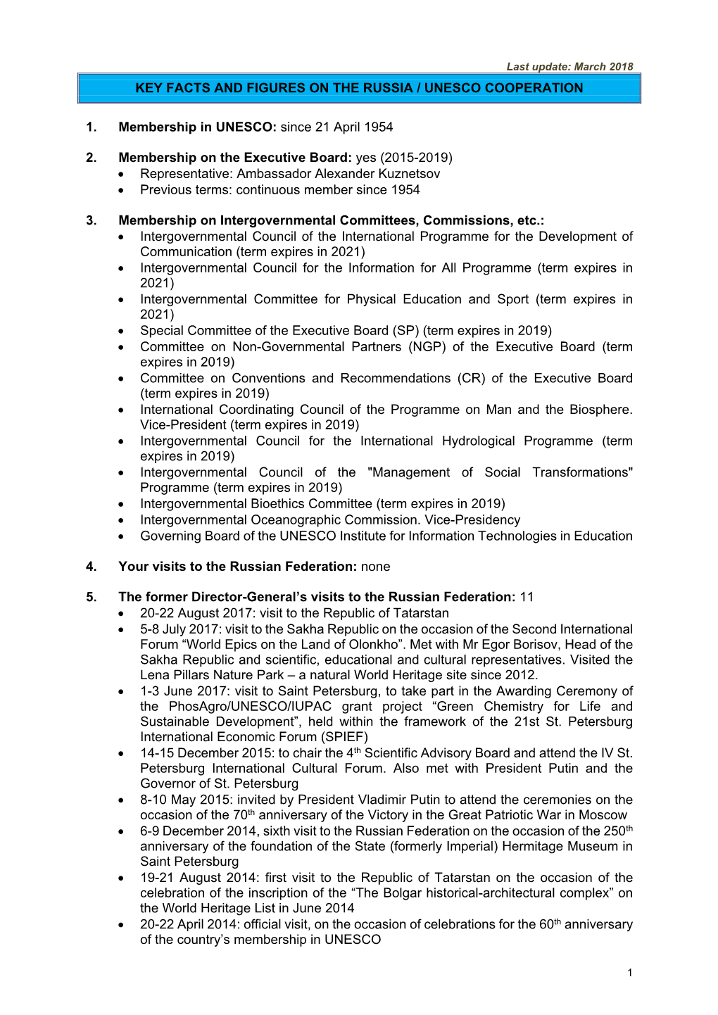 Key Facts and Figures on the Russia / Unesco Cooperation