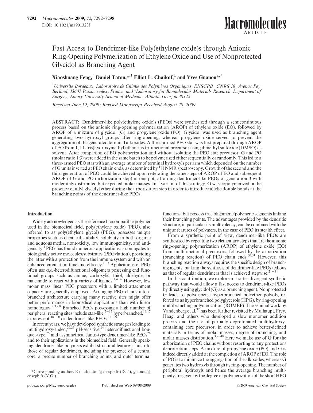 S Through Anionic Ring-Opening Polymerization of Ethylene Oxide and Use of Nonprotected Glycidol As Branching Agent