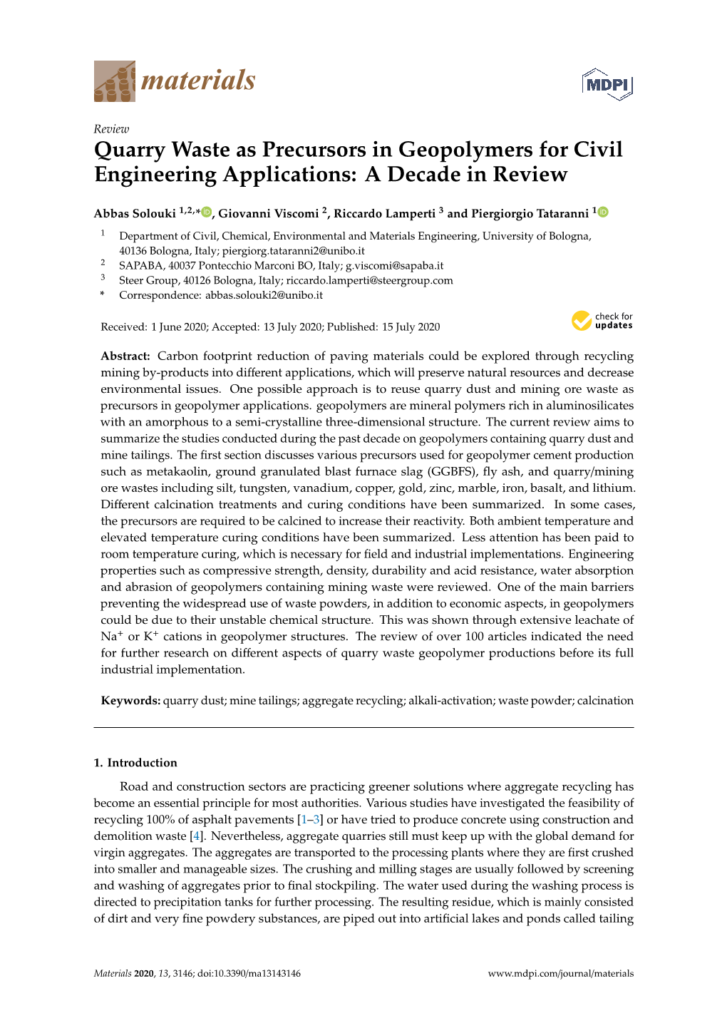 Quarry Waste As Precursors in Geopolymers for Civil Engineering Applications: a Decade in Review