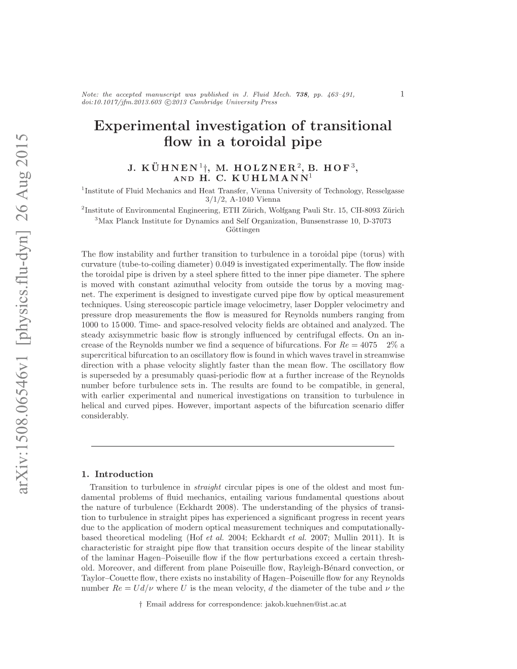 Experimental Investigation of Transitional Flow in a Toroidal Pipe