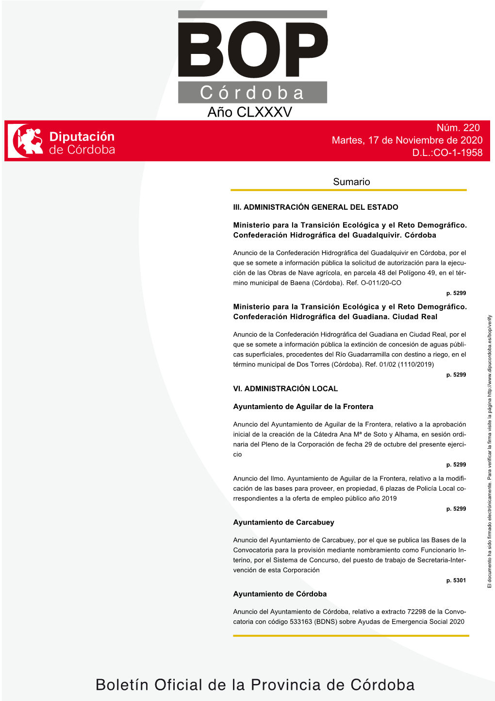 Boletín Oficial De La Provincia De Córdoba Nº 220 P.5298 Martes, 17 De Noviembre De 2020