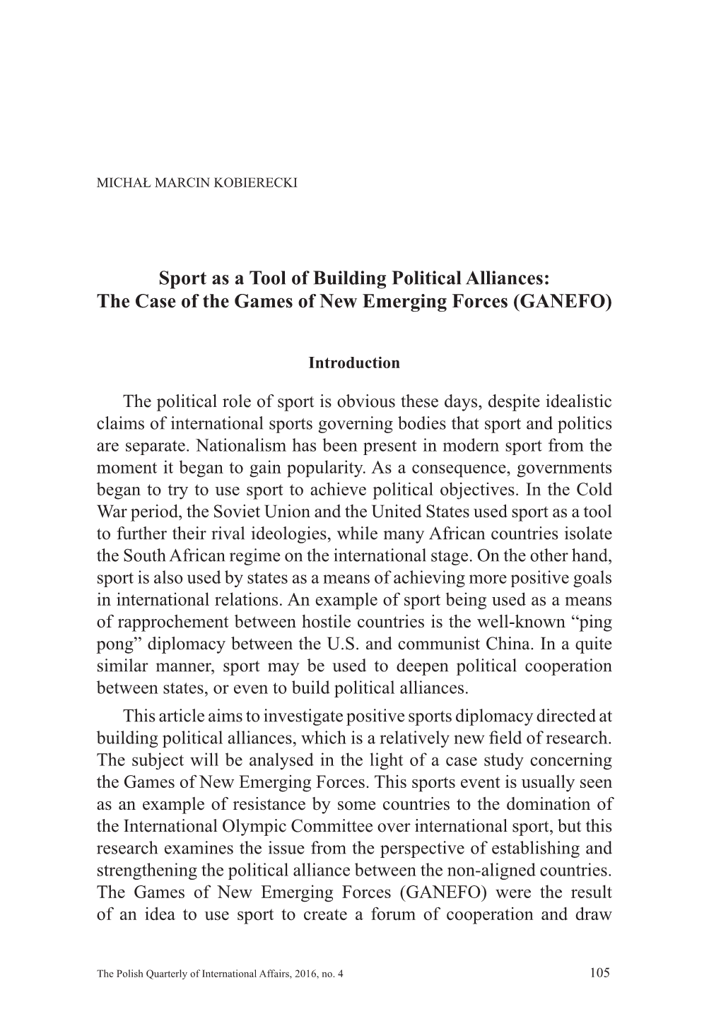 Sport As a Tool of Building Political Alliances: the Case of the Games of New Emerging Forces (GANEFO)