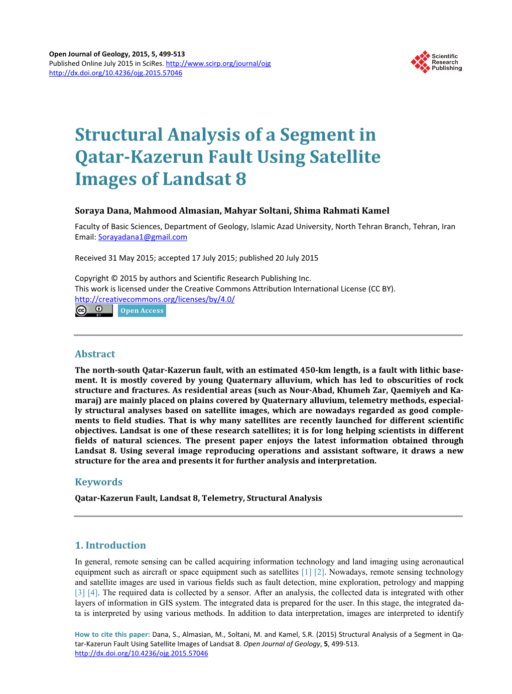 Structural Analysis of a Segment in Qatar-Kazerun Fault Using Satellite Images of Landsat 8