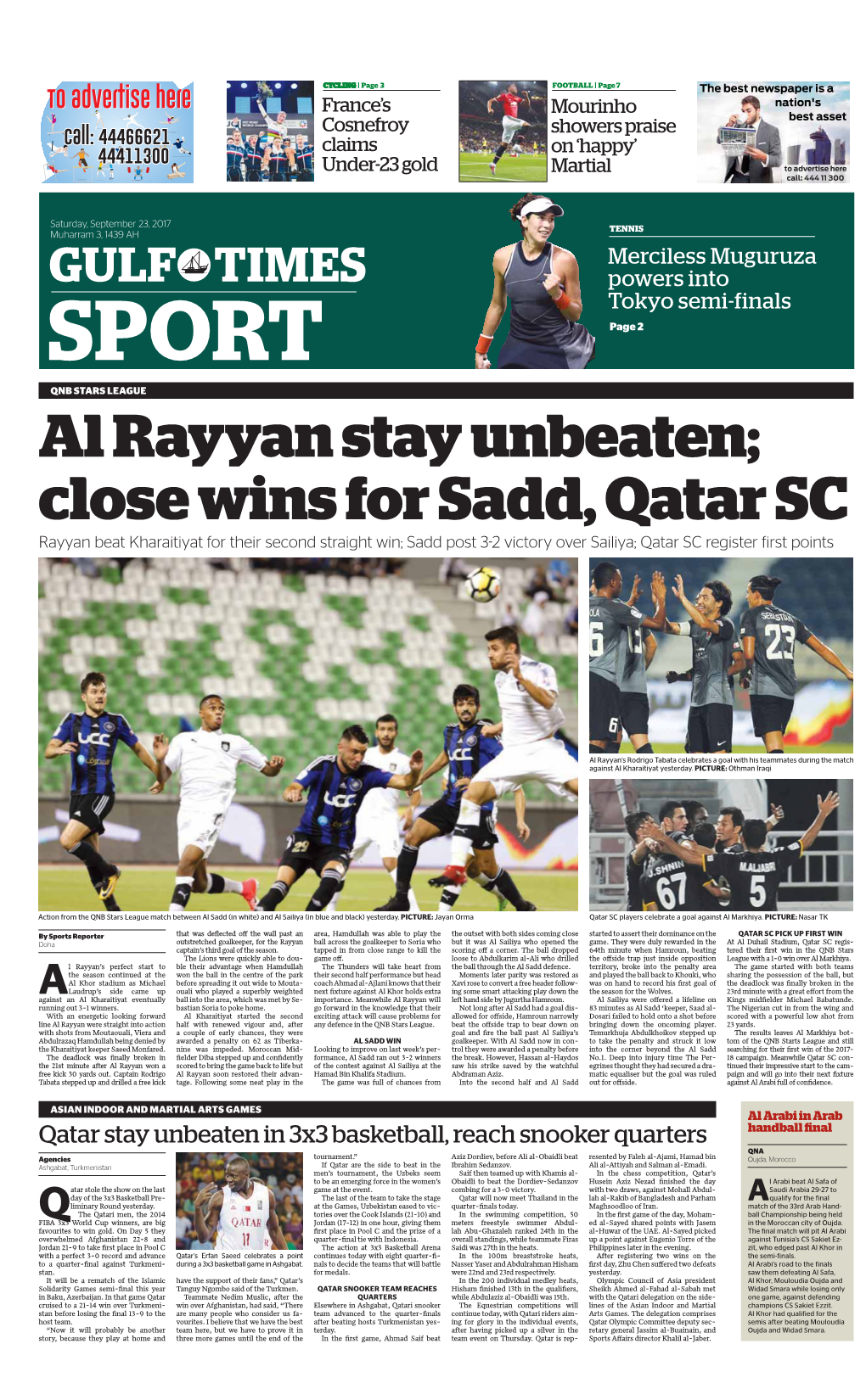 Close Wins for Sadd, Qatar SC Rayyan Beat Kharaitiyat for Their Second Straight Win; Sadd Post 3-2 Victory Over Sailiya; Qatar SC Register First Points