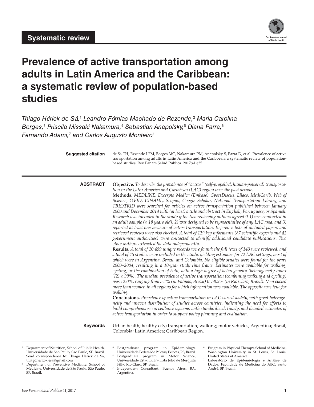 Prevalence of Active Transportation Among Adults in Latin America and the Caribbean: a Systematic Review of Population-Based Studies