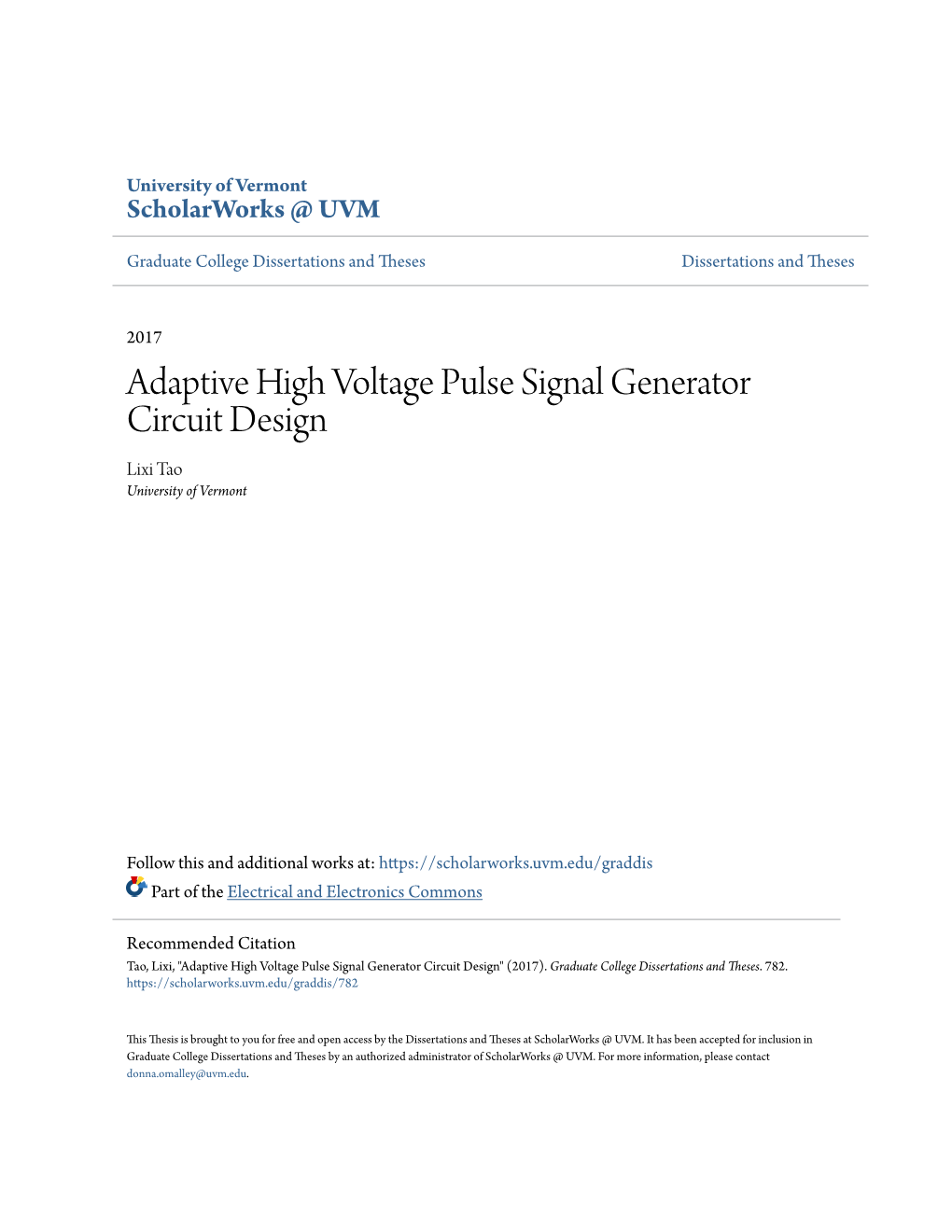 Adaptive High Voltage Pulse Signal Generator Circuit Design Lixi Tao University of Vermont