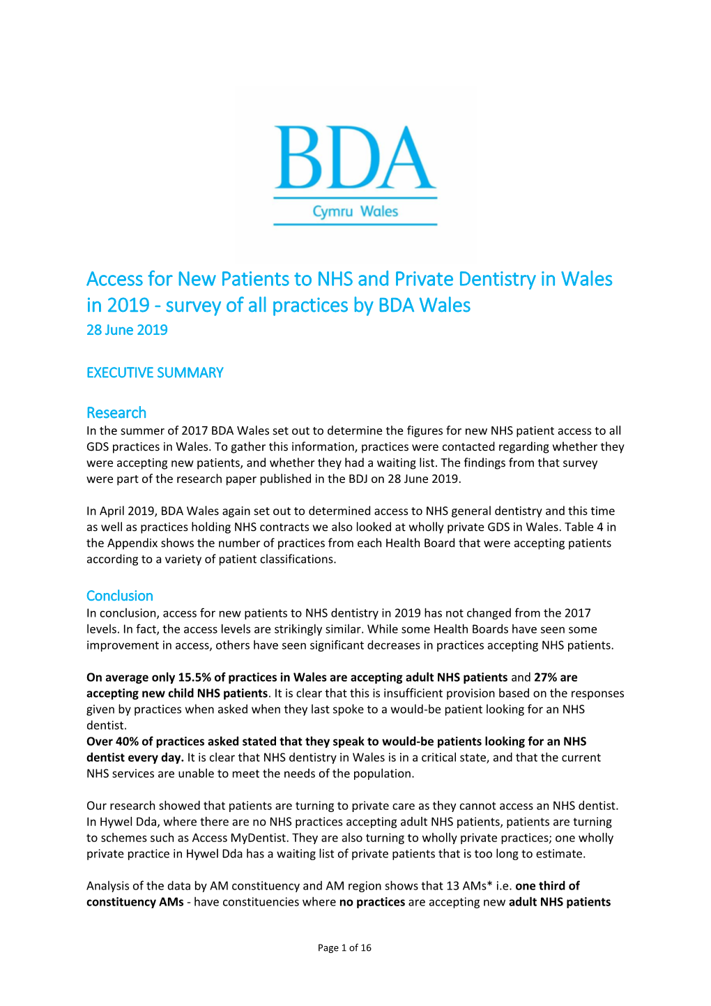 Access for New Patients to NHS and Private Dentistry in Wales in 2019 - Survey of All Practices by BDA Wales 28 June 2019