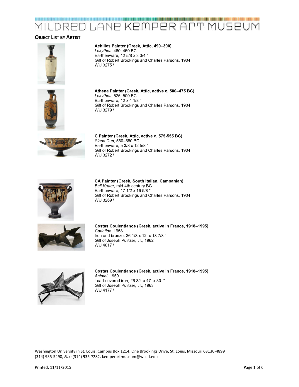 Object List by Artist