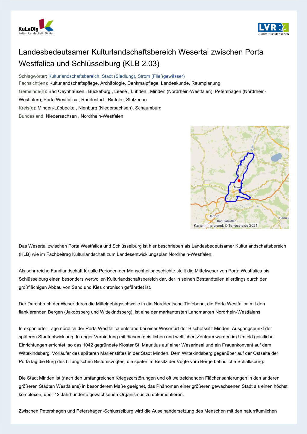 Landesbedeutsamer Kulturlandschaftsbereich Wesertal Zwischen Porta Westfalica Und Schlüsselburg (KLB 2.03)