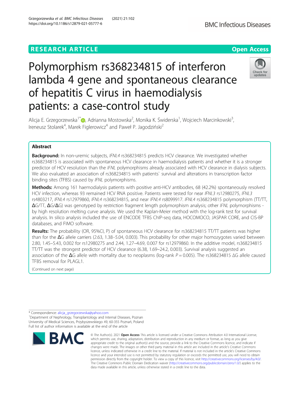 Polymorphism Rs368234815 of Interferon Lambda 4 Gene and Spontaneous Clearance of Hepatitis C Virus in Haemodialysis Patients: a Case-Control Study Alicja E