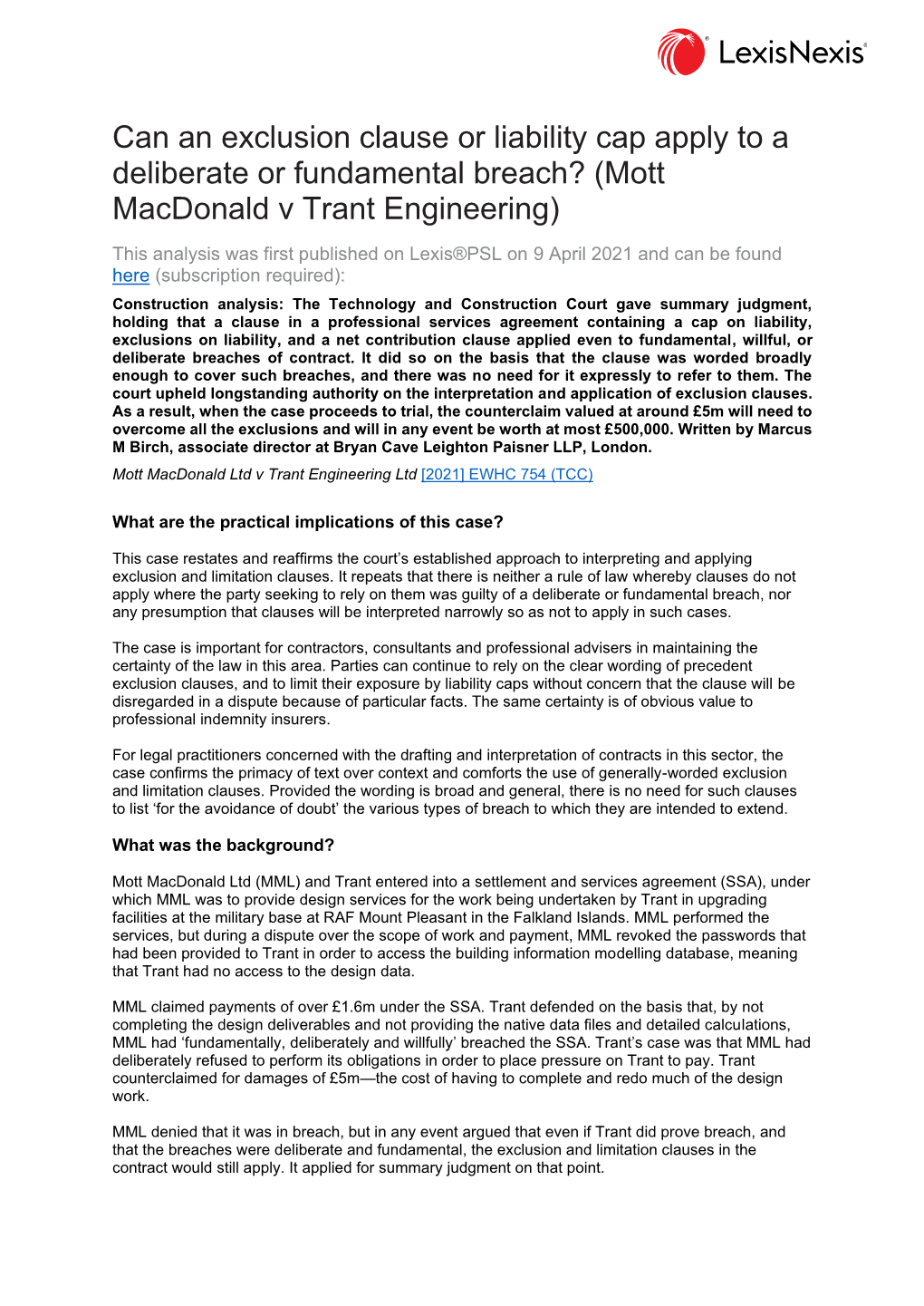 Mott Macdonald Ltd V Trant Engineering Ltd [2021] EWHC 754 (TCC)