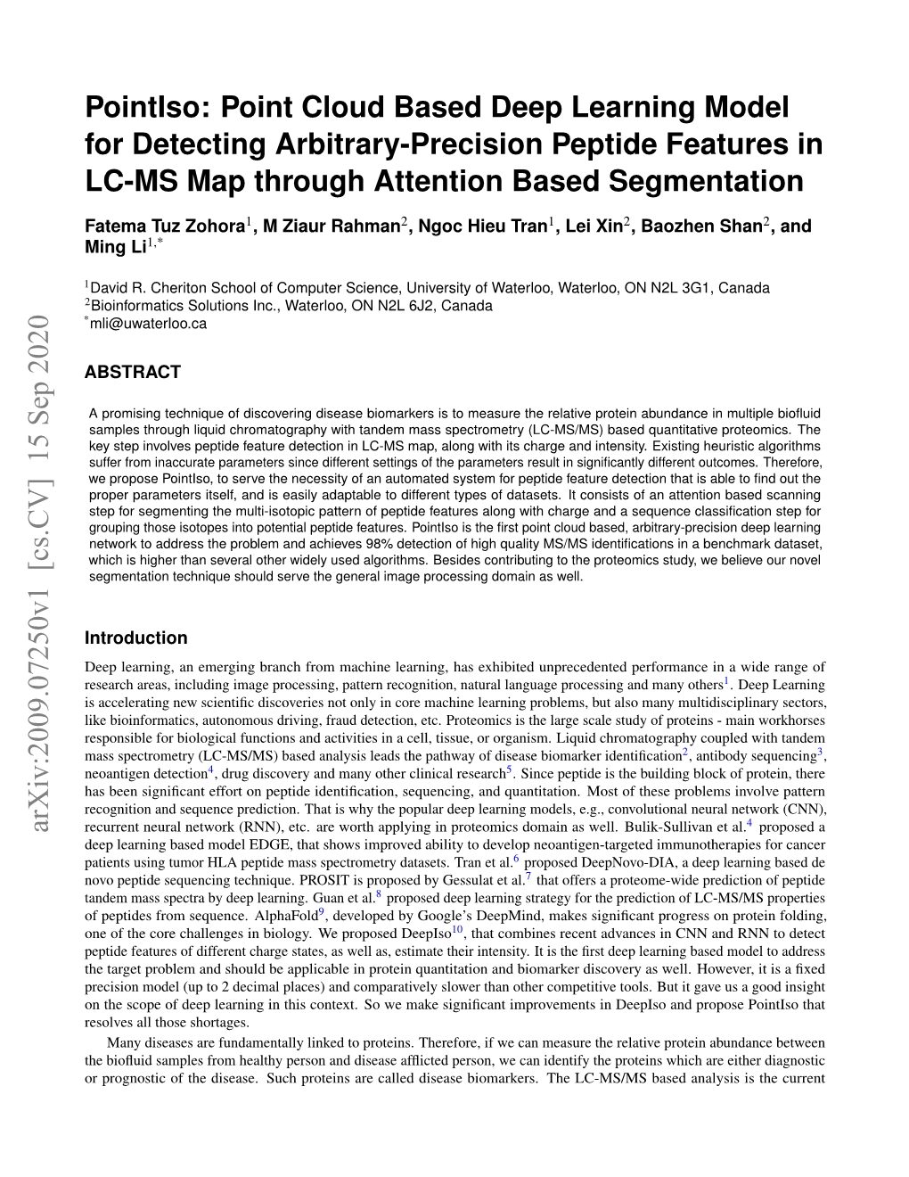 Pointiso: Point Cloud Based Deep Learning Model for Detecting Arbitrary-Precision Peptide Features in LC-MS Map Through Attention Based Segmentation