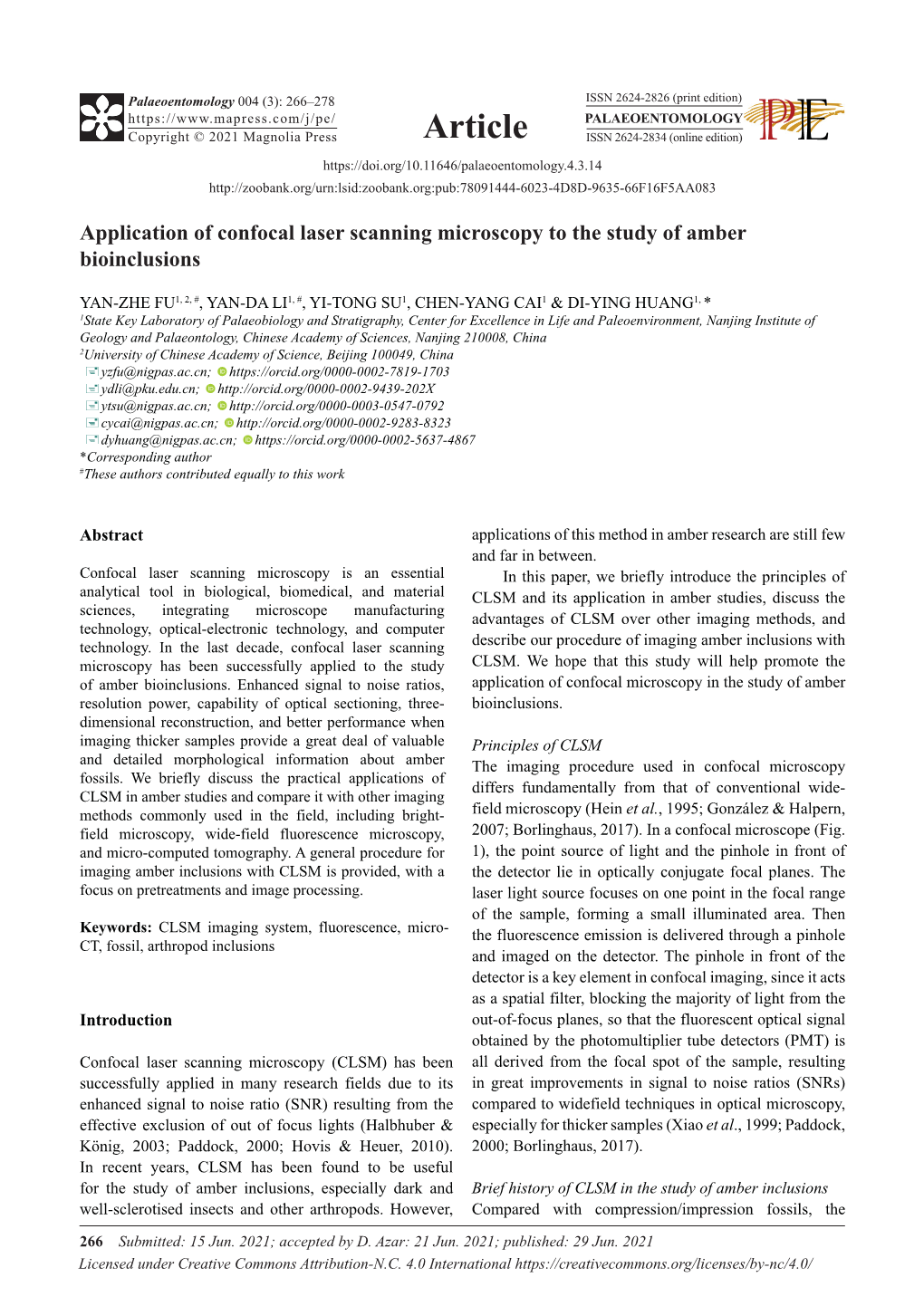 Application of Confocal Laser Scanning Microscopy to the Study of Amber Bioinclusions