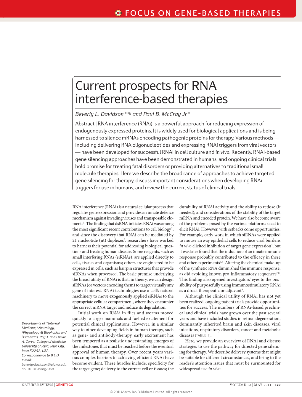 Current Prospects for RNA Interference-Based Therapies