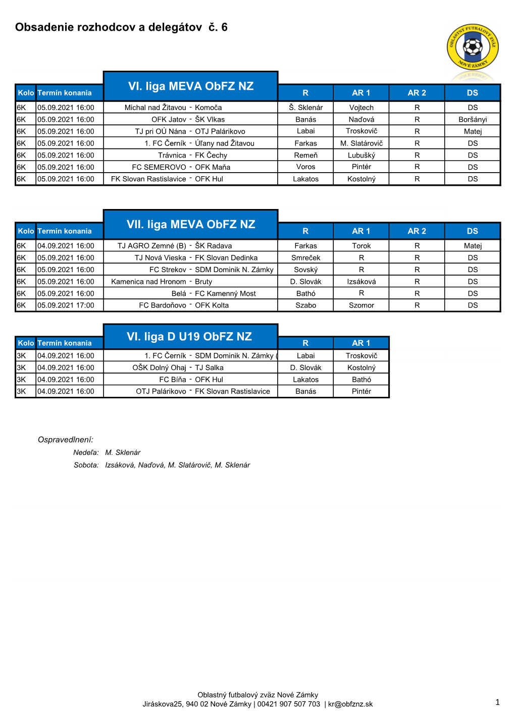 Obsadenie Rozhodcov a Delegátov Č. 6 VI. Liga MEVA Obfz NZ VII. Liga
