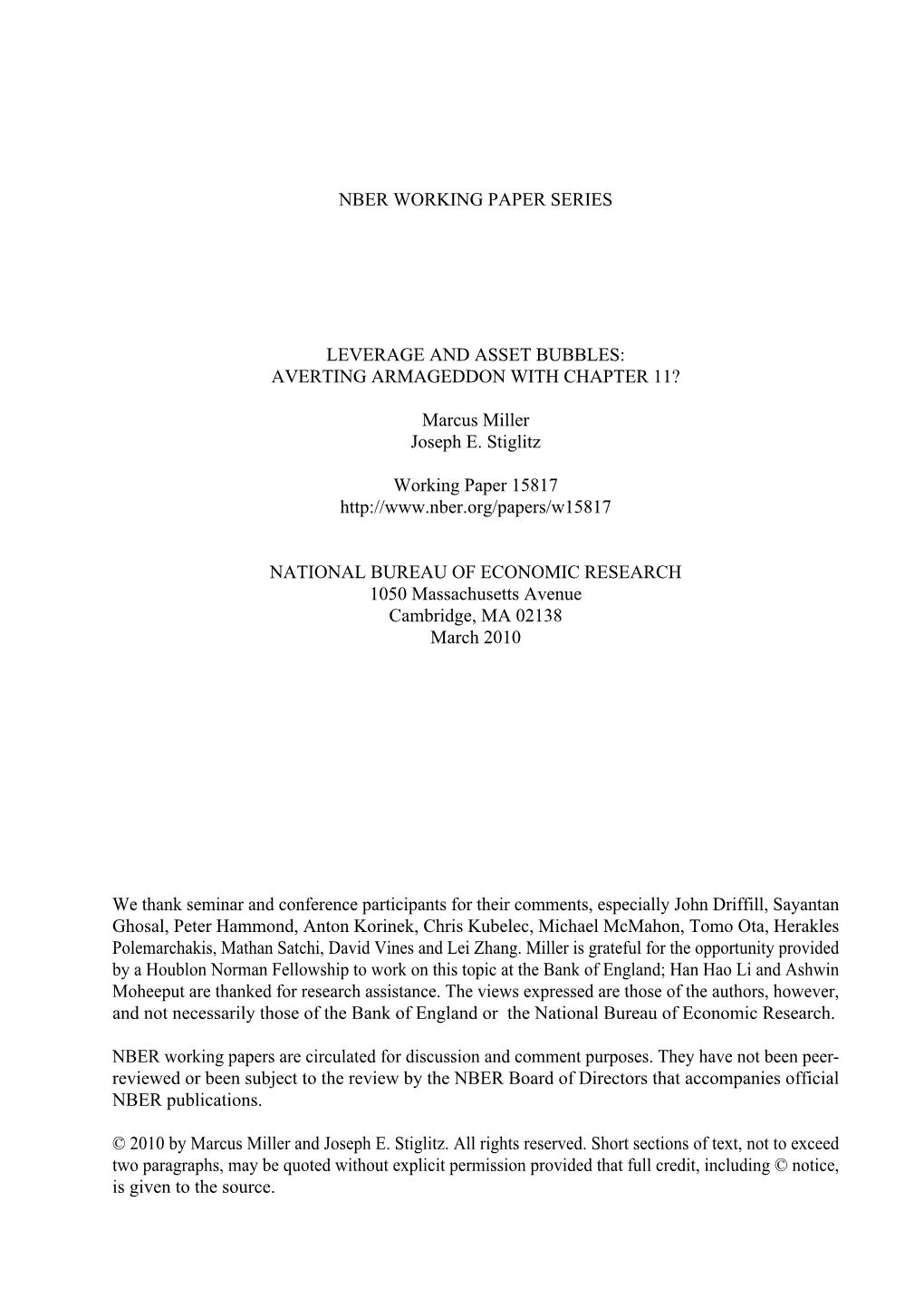 Nber Working Paper Series Leverage and Asset Bubbles