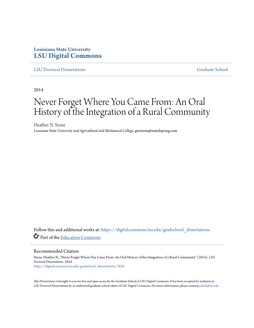 An Oral History of the Integration of a Rural Community Heather N