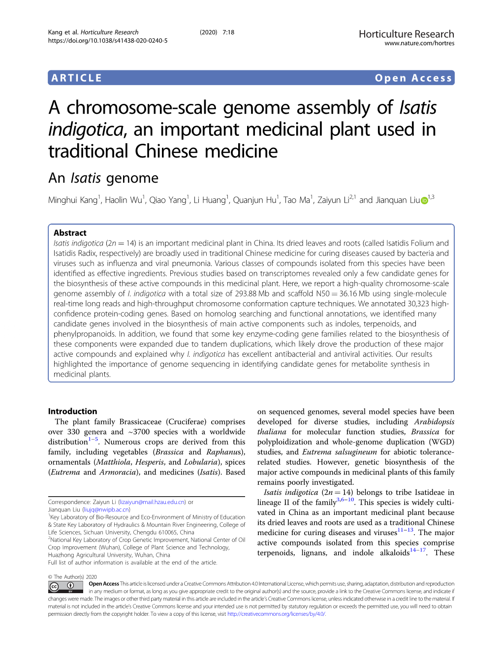 A Chromosome-Scale Genome Assembly of Isatis Indigotica, an Important Medicinal Plant Used in Traditional Chinese Medicine an Isatis Genome