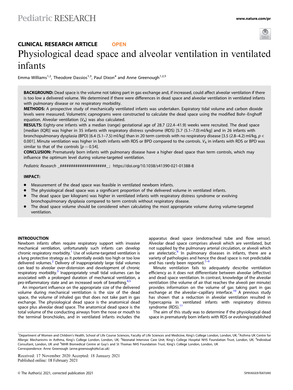 Physiological Dead Space and Alveolar Ventilation in Ventilated Infants