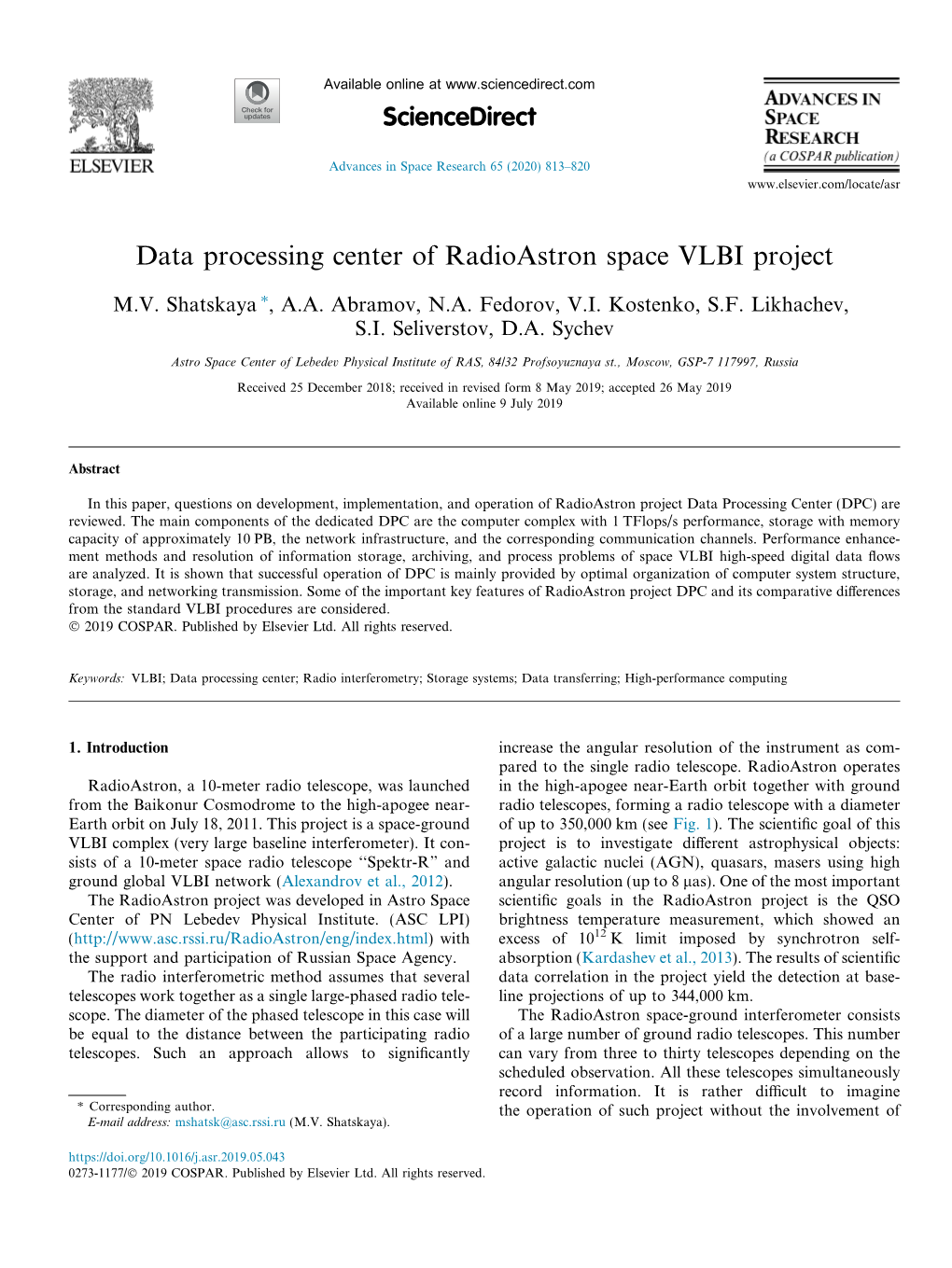 Data Processing Center of Radioastron Space VLBI Project