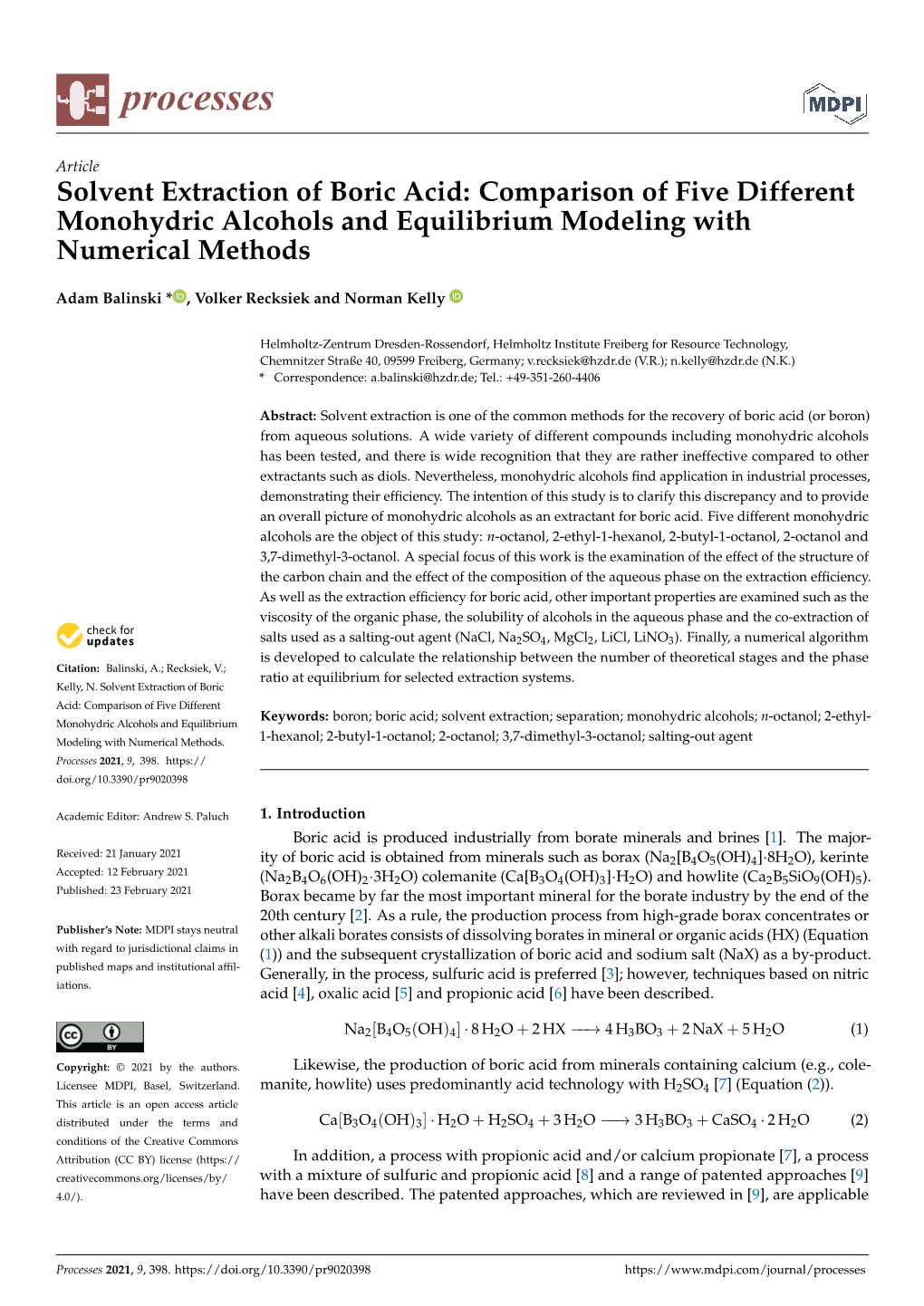 Solvent Extraction of Boric Acid: Comparison of Five Different Monohydric Alcohols and Equilibrium Modeling with Numerical Methods