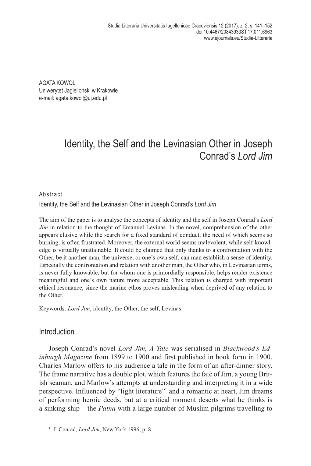 Identity, the Self and the Levinasian Other in Joseph Conrad's Lord