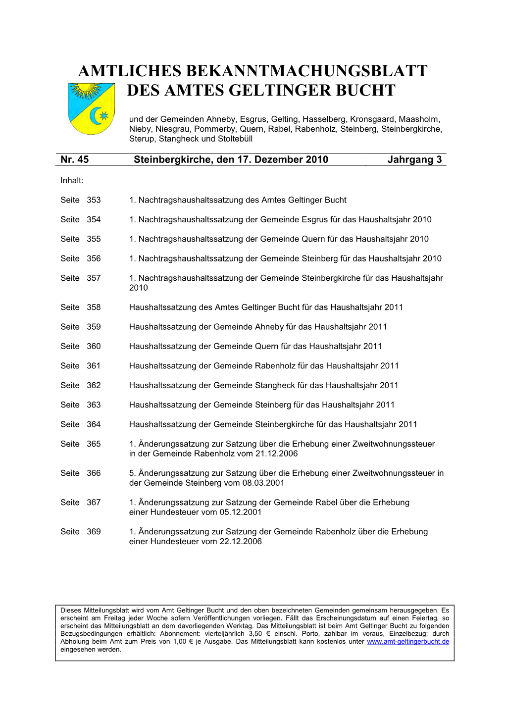 Amtliches Bekanntkmachungsblatt Des Amtes Geltinger Bucht Nr. 45