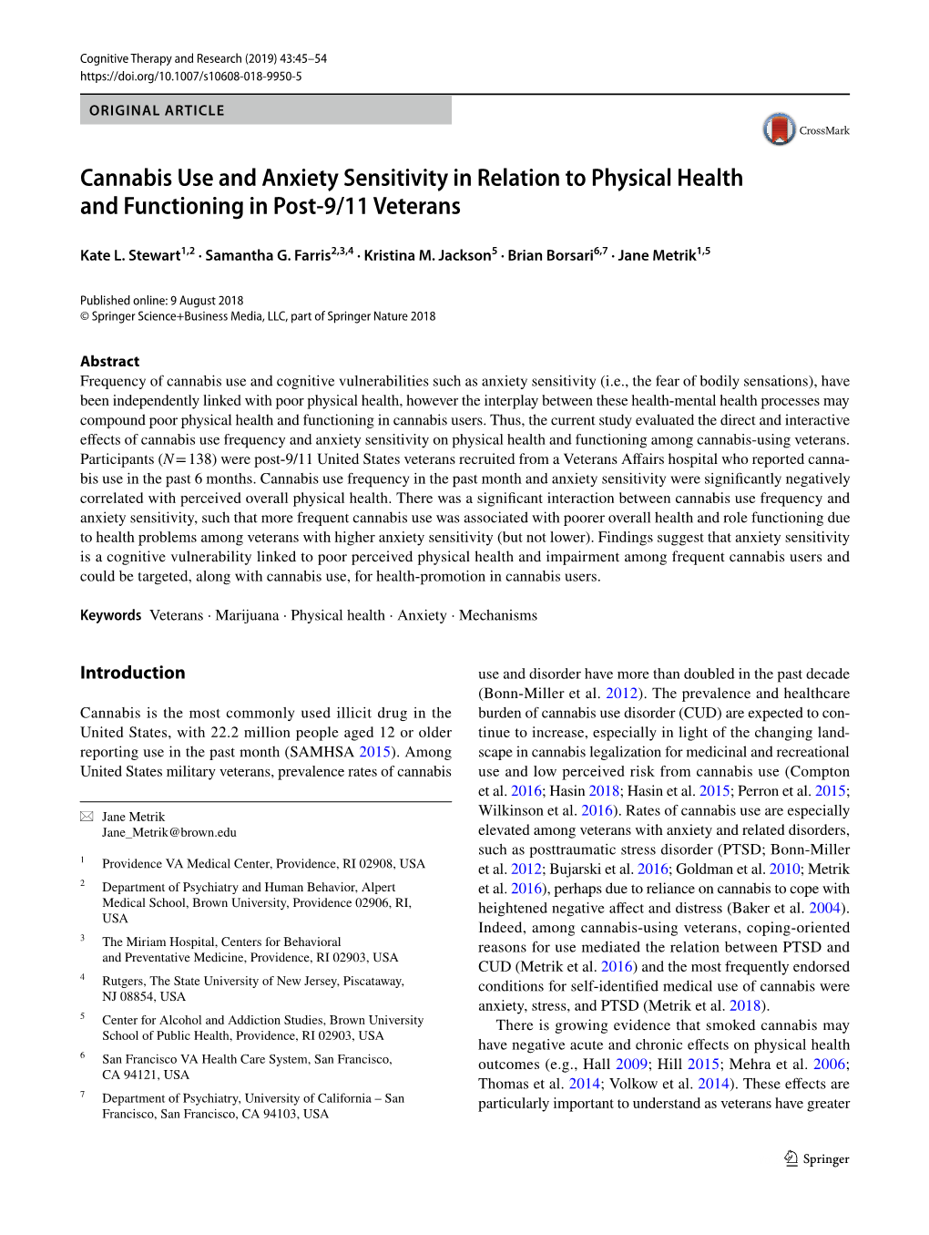 Cannabis Use and Anxiety Sensitivity in Relation to Physical Health and Functioning in Post-9/11 Veterans