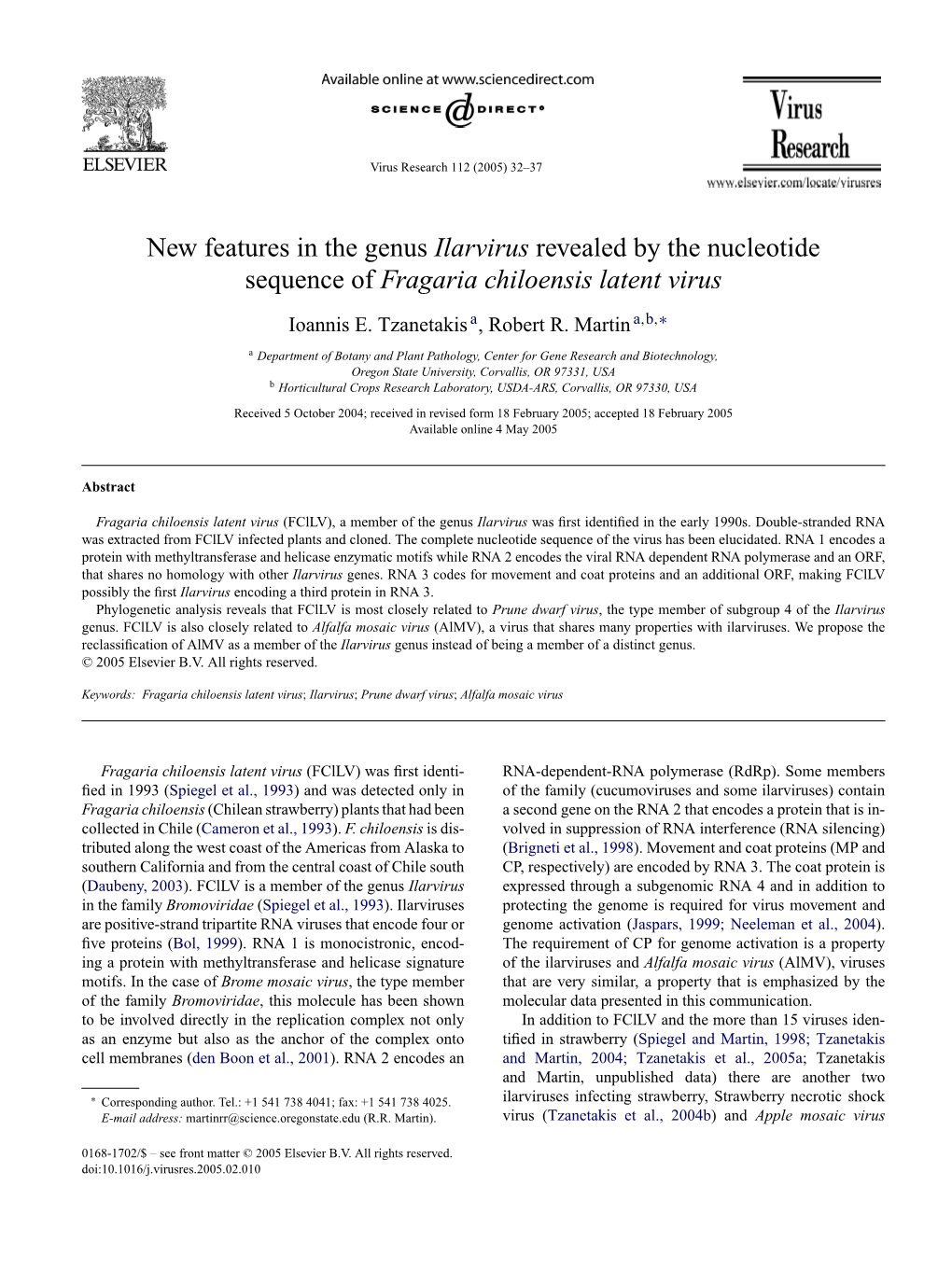 New Features in the Genus Ilarvirus Revealed by the Nucleotide Sequence of Fragaria Chiloensis Latent Virus