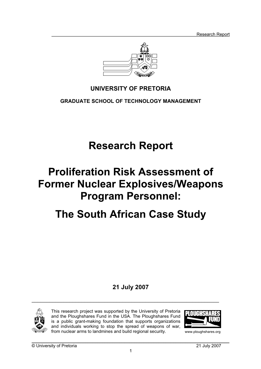 Research Report Proliferation Risk Assessment of Former Nuclear