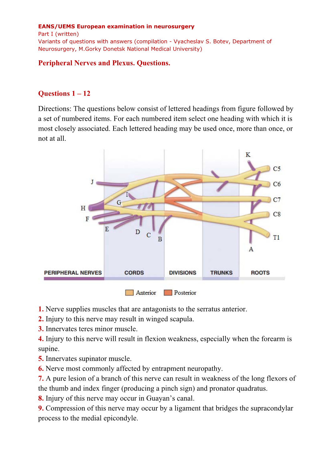 Peripheral Nerves and Plexus. Questions. Questions 1 – 12