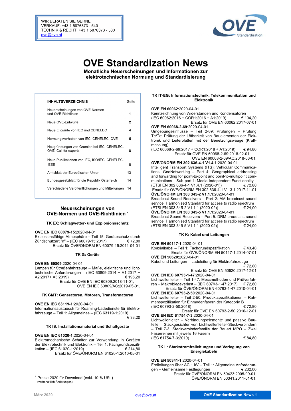 OVE Standardization News Monatliche Neuerscheinungen Und Informationen Zur Elektrotechnischen Normung Und Standardisierung