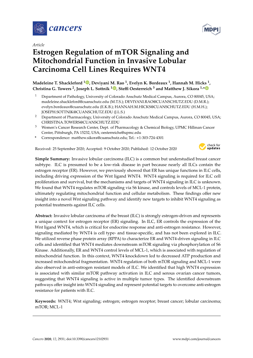 Estrogen Regulation of Mtor Signaling and Mitochondrial Function in Invasive Lobular Carcinoma Cell Lines Requires WNT4