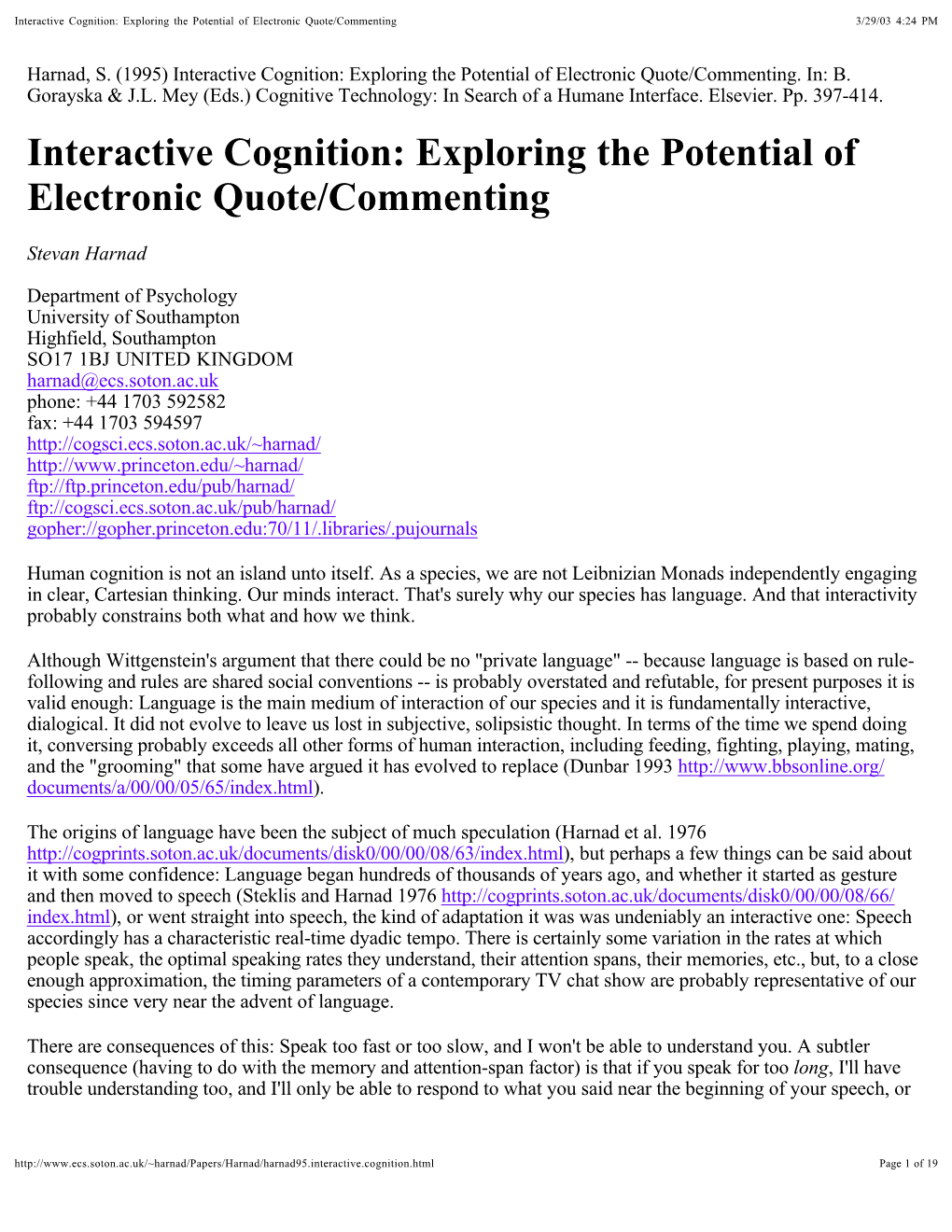 Interactive Cognition: Exploring the Potential of Electronic Quote/Commenting 3/29/03 4:24 PM