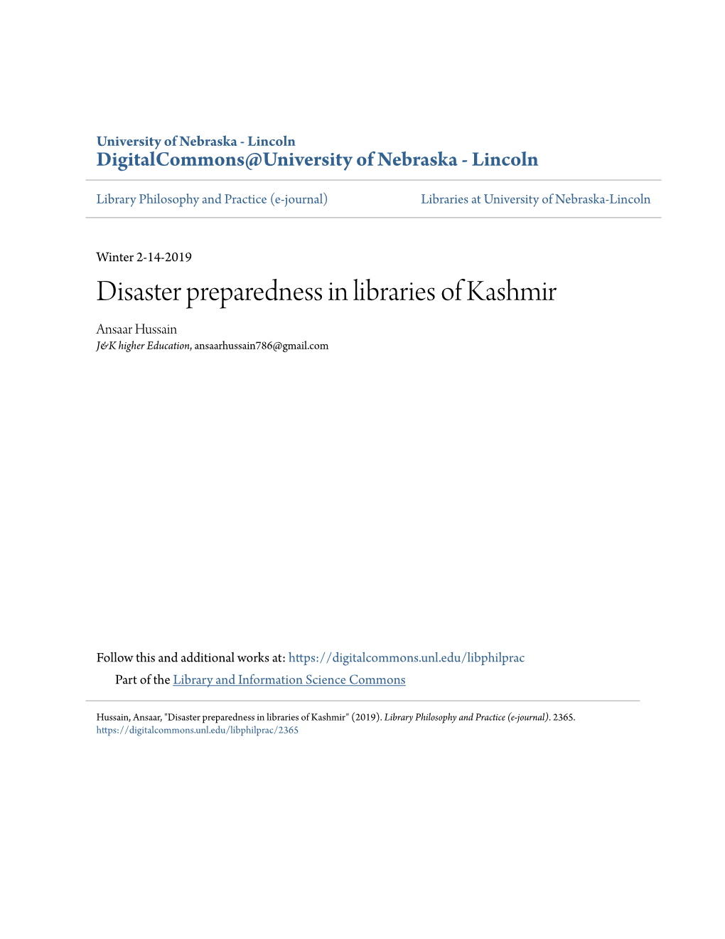 Disaster Preparedness in Libraries of Kashmir Ansaar Hussain J&K Higher Education, Ansaarhussain786@Gmail.Com