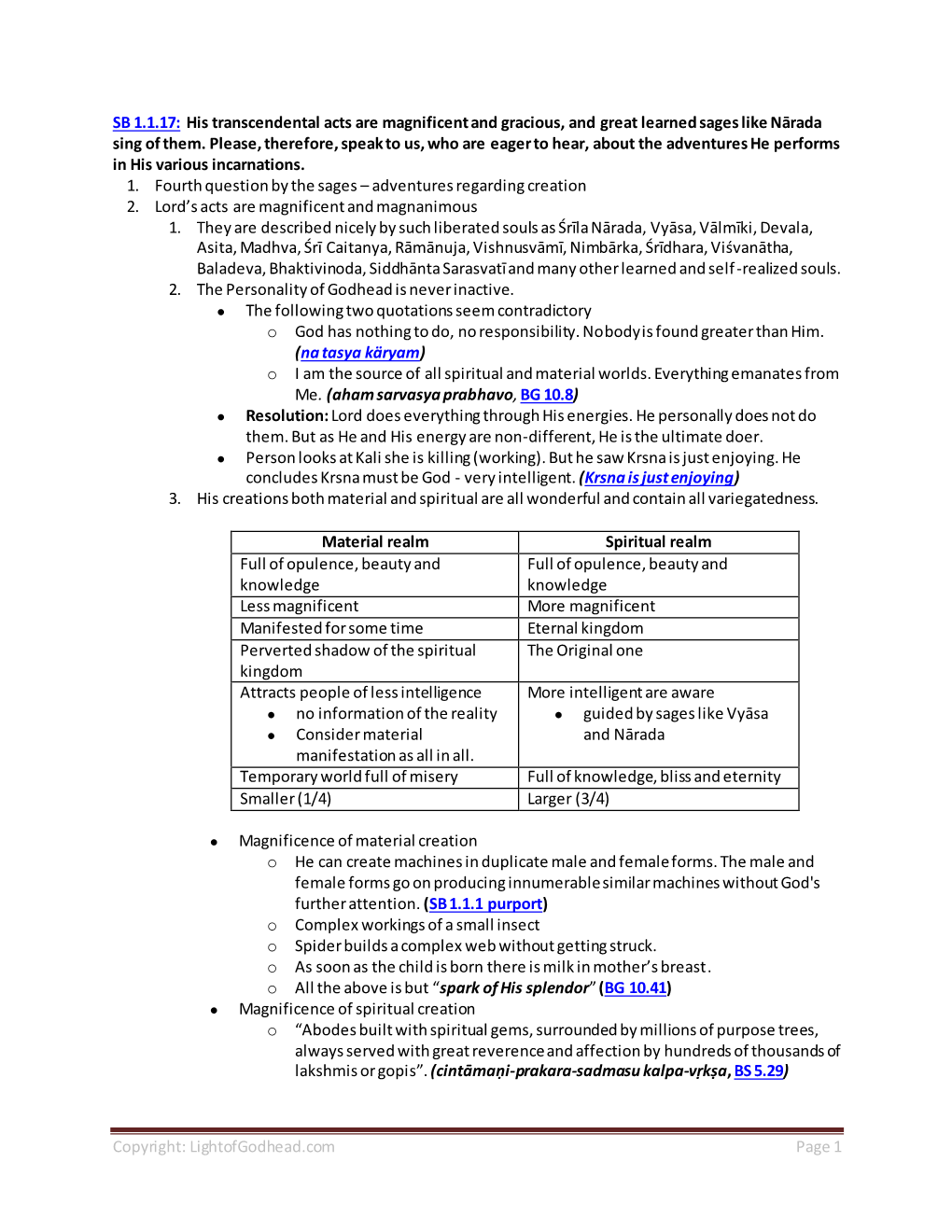 Lightofgodhead.Com Page 1 SB 1.1.17: His Transcendental Acts Are