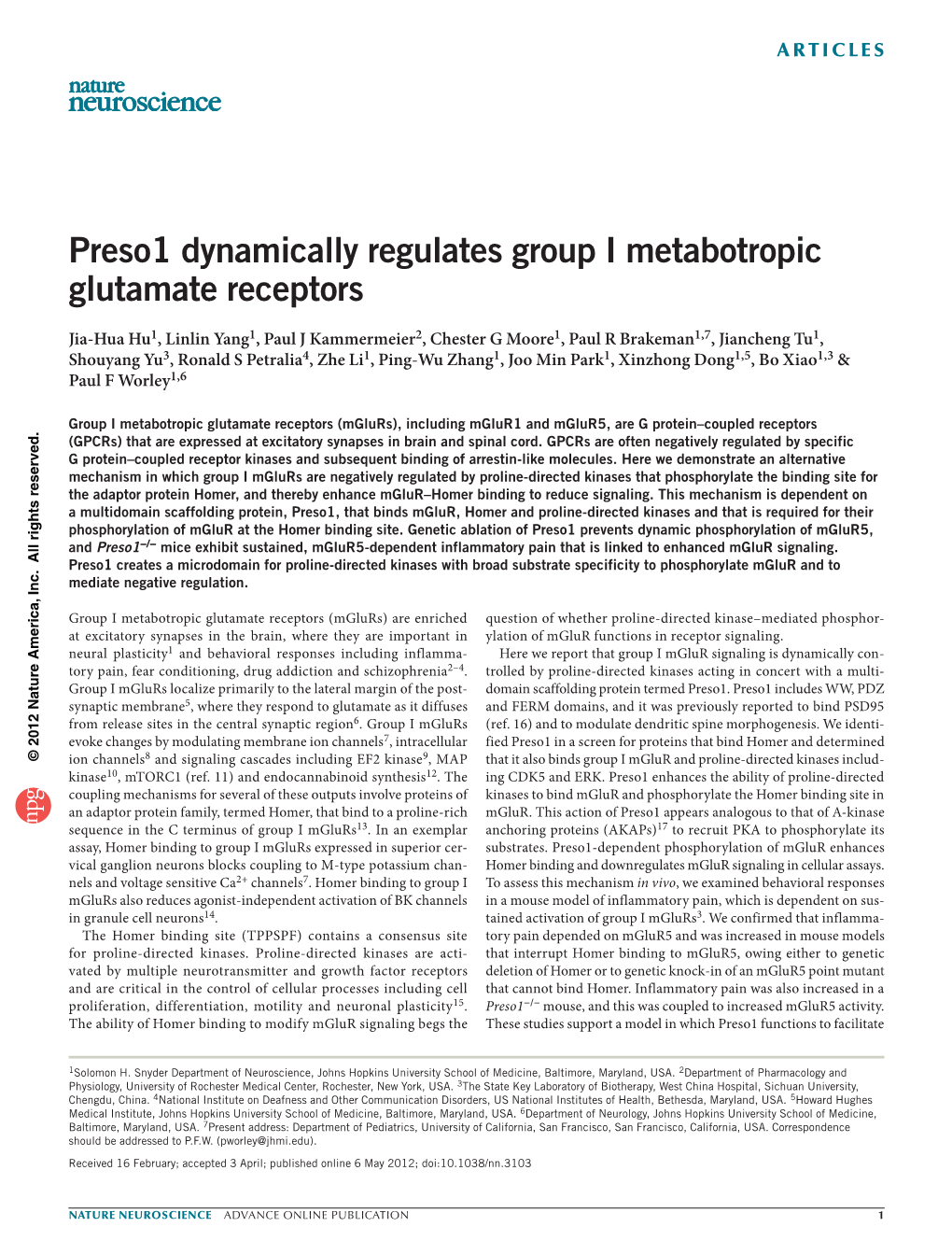 Preso1 Dynamically Regulates Group I Metabotropic Glutamate Receptors