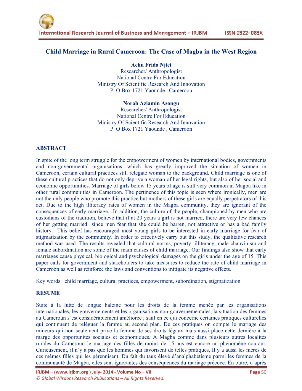 Child Marriage in Rural Cameroon: the Case of Magba in the West Region