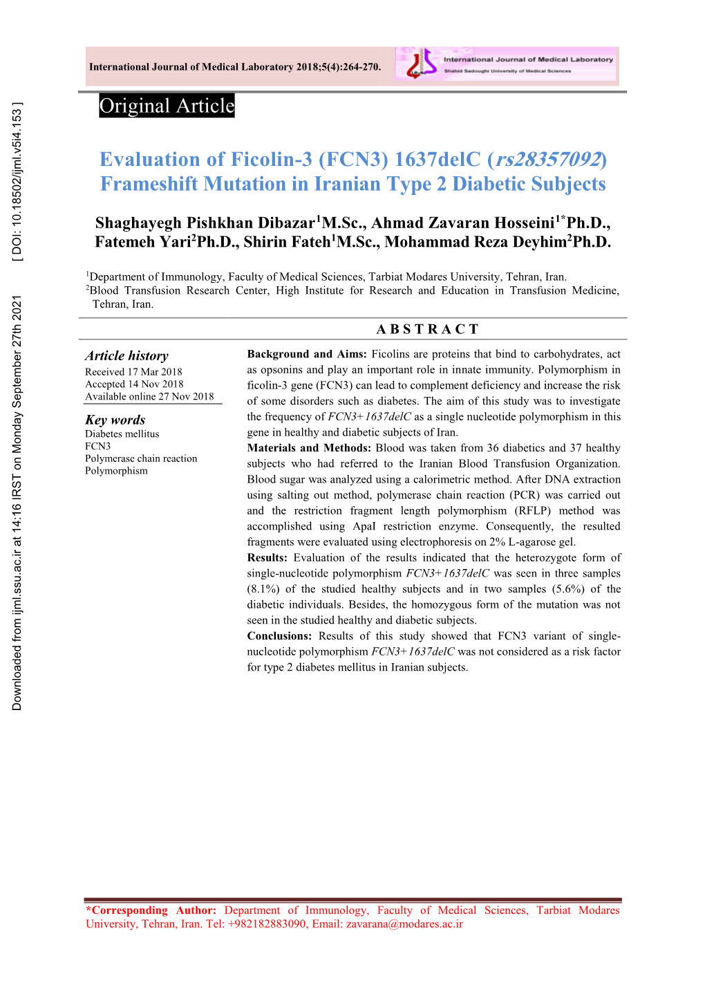 (FCN3) 1637Delc (Rs28357092) Frameshift Mutation in Iranian Type 2 Diabetic Subjects