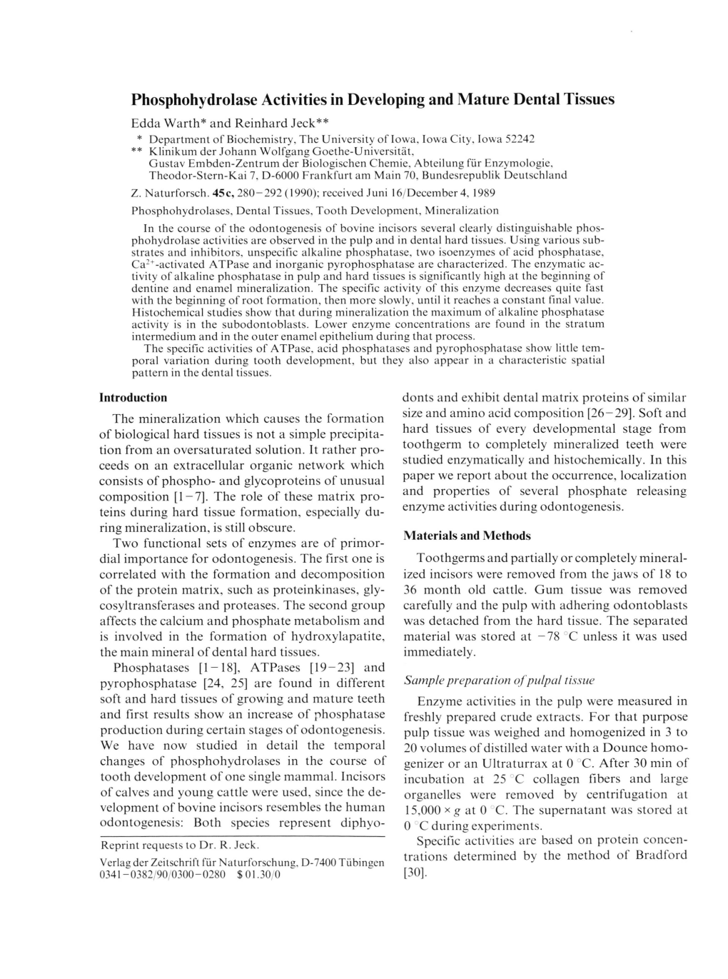 Phosphohydrolase Activities in Developing and Mature Dental