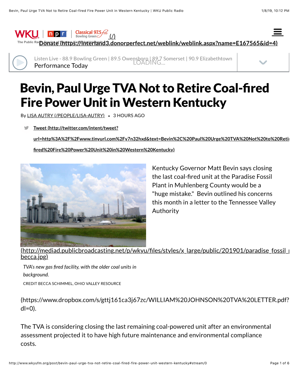 Bevin, Paul Urge TVA Not to Retire Coal-Fired Fire Power Unit in Western Kentucky | WKU Public Radio
