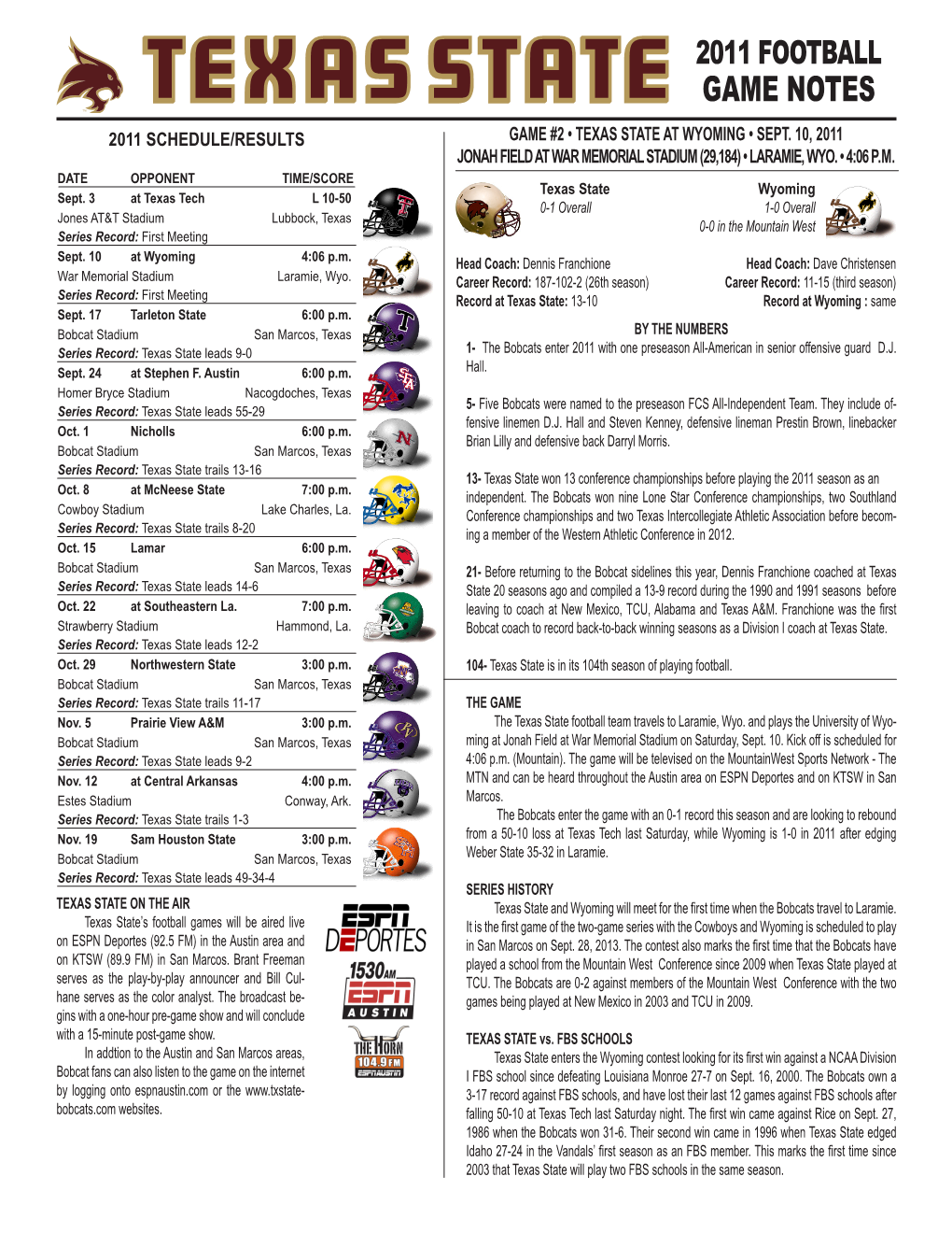 2011 Football Game Notes