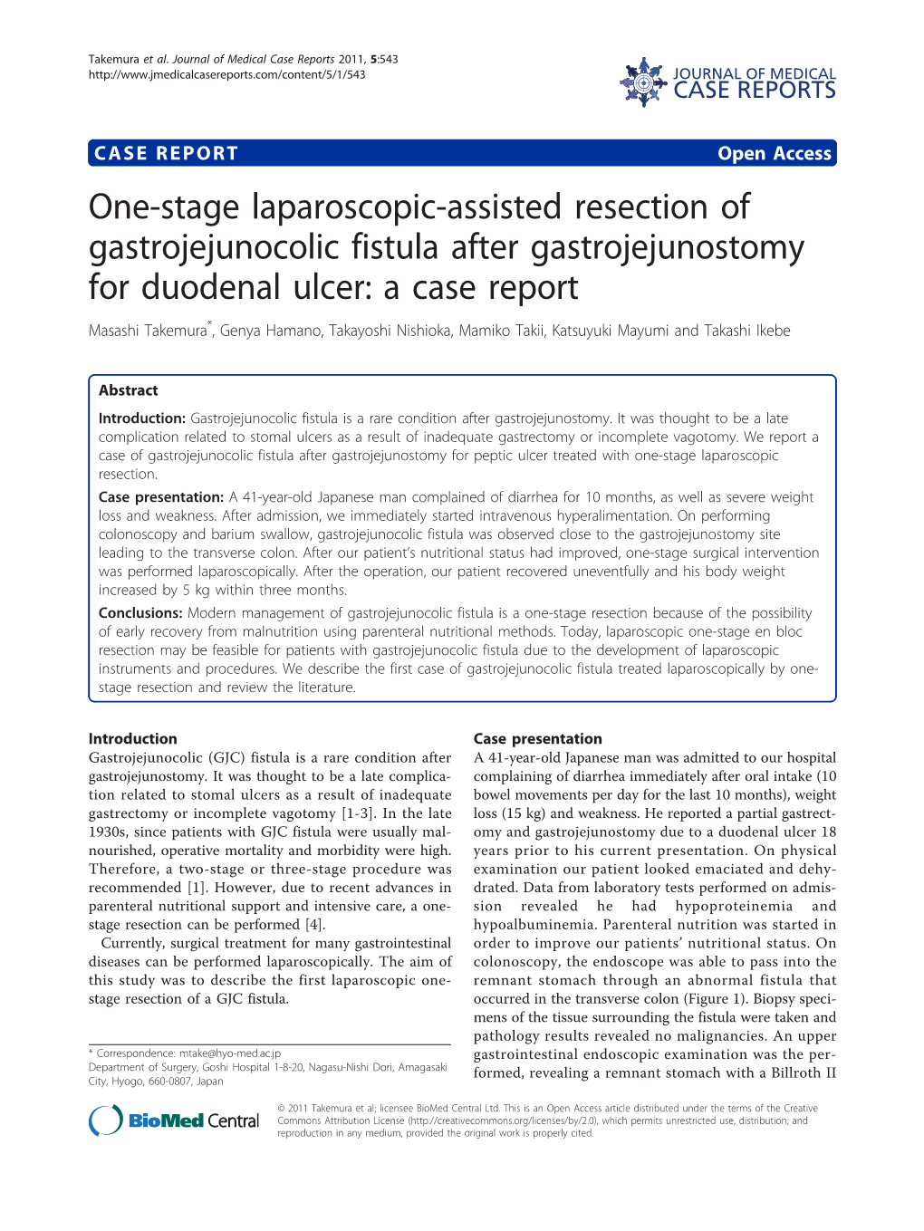 One-Stage Laparoscopic-Assisted Resection of Gastrojejunocolic Fistula