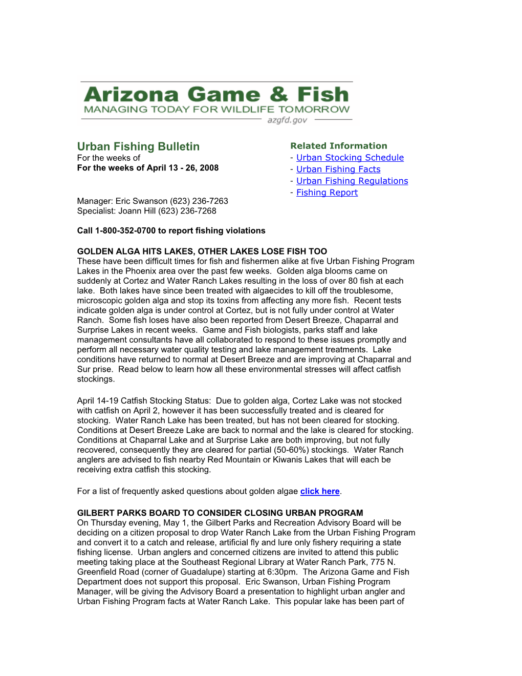 Urban Fishing Bulletin Related Information