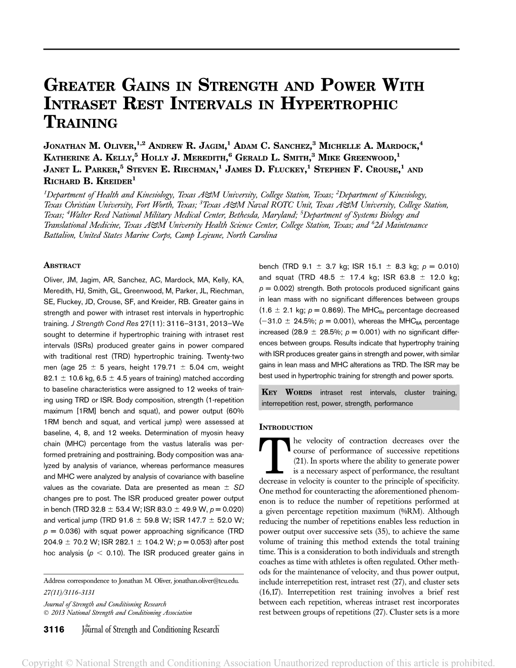 Greater Gains in Strength and Power with Intraset Rest Intervals in Hypertrophic Training