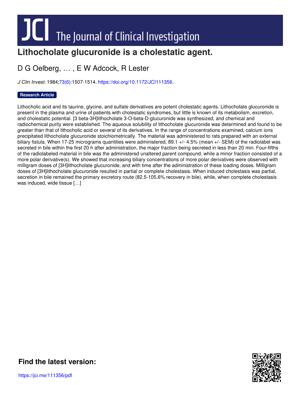 Lithocholate Glucuronide Is a Cholestatic Agent