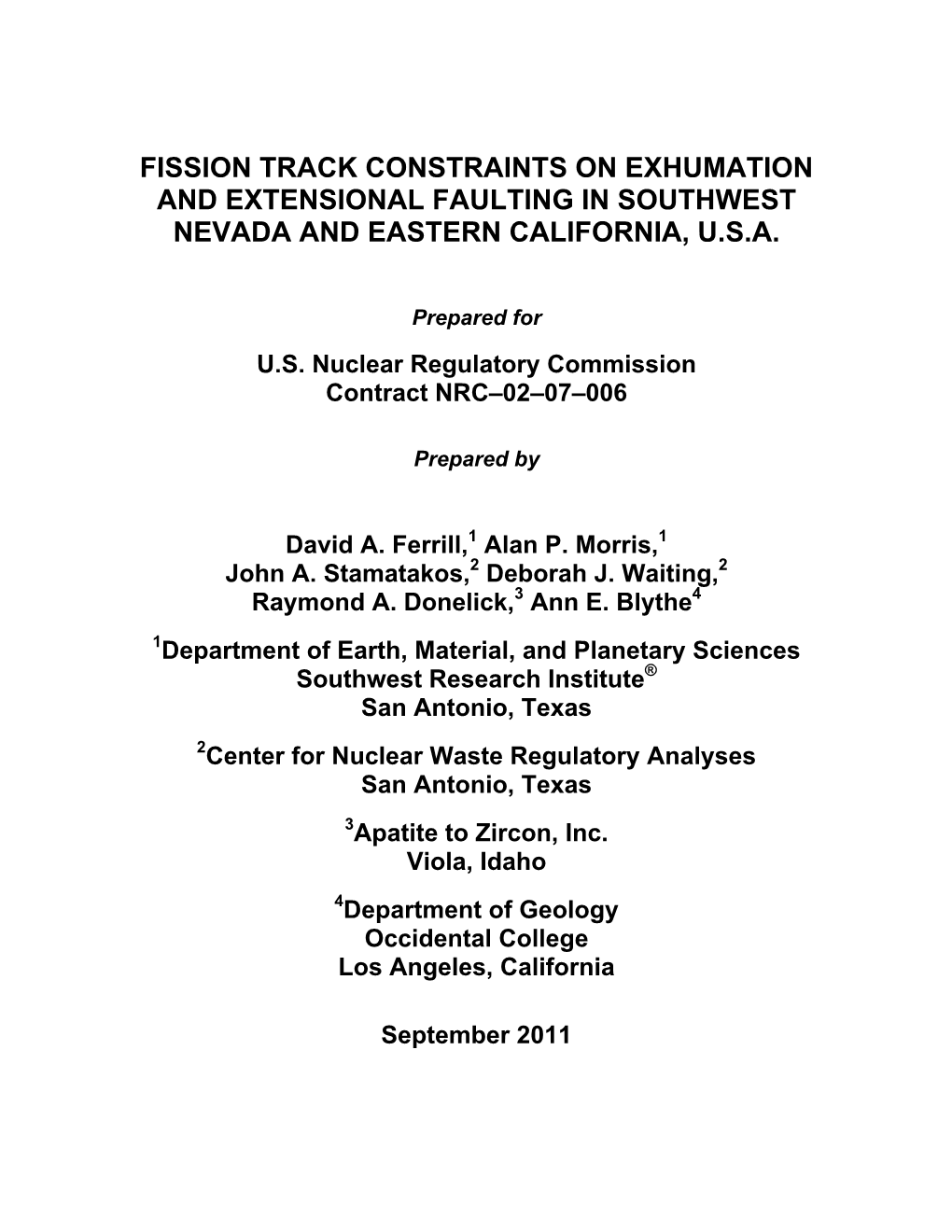 Fission Track Constraints on Exhumation and Extensional Faulting in Southwest Nevada and Eastern California, U.S.A