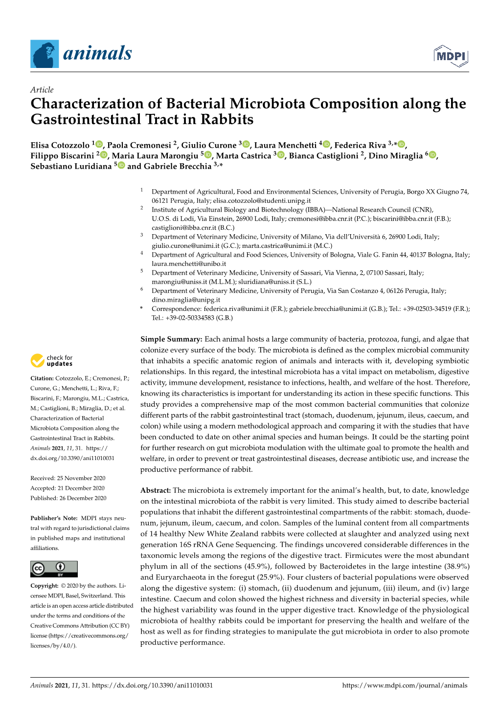 Characterization of Bacterial Microbiota Composition Along the Gastrointestinal Tract in Rabbits