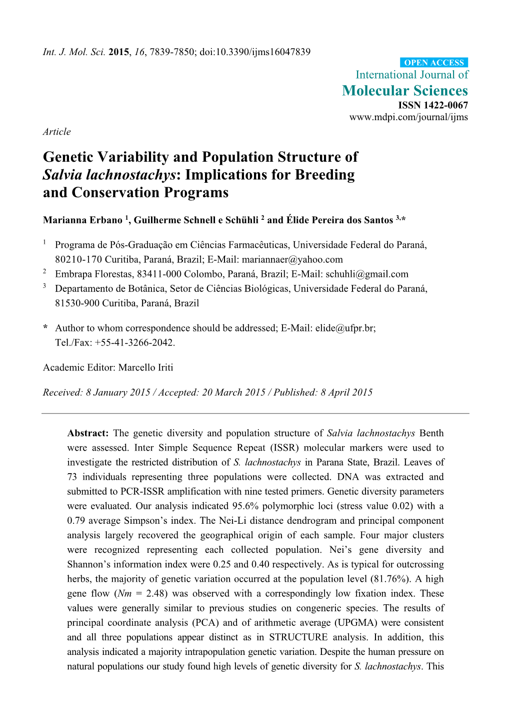 Genetic Variability and Population Structure of Salvia Lachnostachys: Implications for Breeding and Conservation Programs